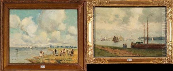 Bord De Canal Anime En Hollande (+ Vaches En Bord De Mer; 2 Works) Oil Painting by Gustave Flasschoen