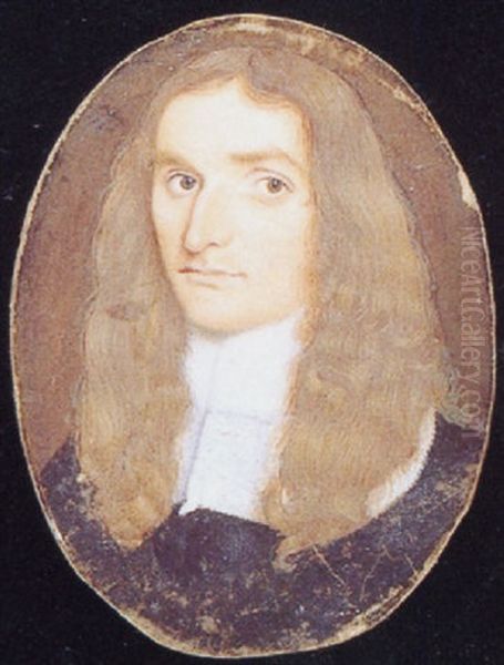 A Gentleman, In Black Robes And White Lace Jabot, Long Brown Hair Oil Painting by Thomas Flatman