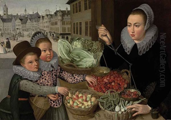 A Market Stand Selling Pears, Cherries, Peas, Leeks And Lettuce, With Two Elegantly-dressed Children, A View Of A Frankfurt Beyond Oil Painting by Georg Flegel
