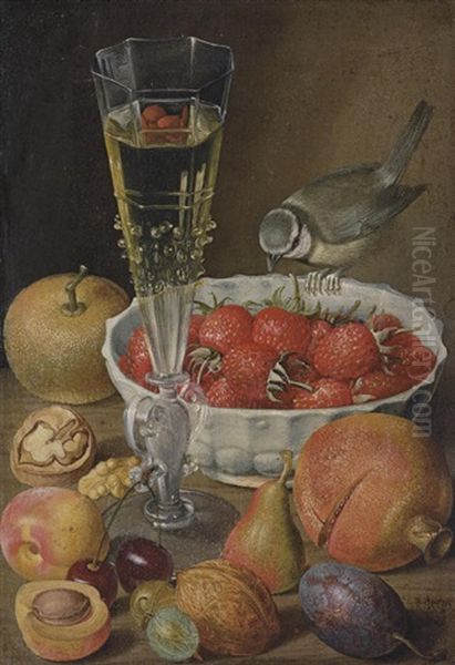 A Facon De Venise, A Bowl Of Strawberries, A Blue Tit, A Pomegranate, Cherries, Other Fruits And Walnuts On A Table Oil Painting by Georg Flegel