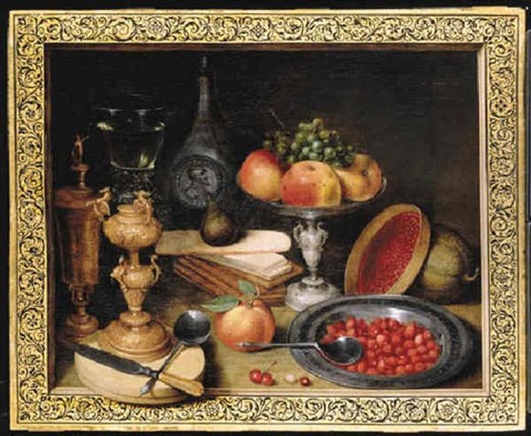 A Silver Tazza With Apples And A Bunch Of Grapes, Strawberries In A Pewter Dish With A Spoon, A Roemer And Other Objects In 
A Trompe L'oeil Frame Oil Painting by Georg Flegel