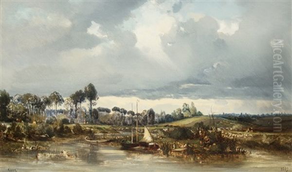 Annet Banks Of The Marne At Annet Oil Painting by Camille Flers
