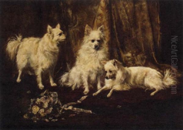 Three Pomeranians In An Elegant Interior Oil Painting by Camille Flers