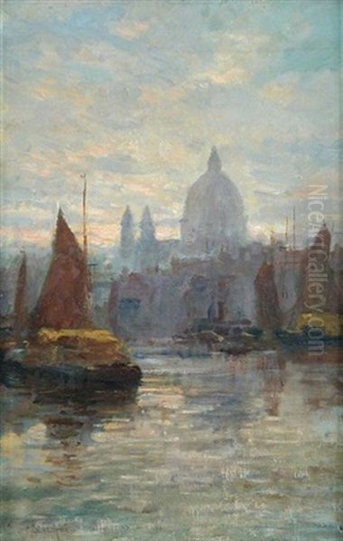 St. Paul's Cathedral, With Shipping On The Thames Oil Painting by Edward Henry Eugene Fletcher