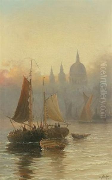 St. Paul's From The Thames  (+ Westminster From The Thames; Pair) Oil Painting by Edward Henry Eugene Fletcher