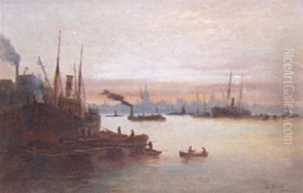 On The Thames At Wapping Oil Painting by Edward Henry Eugene Fletcher