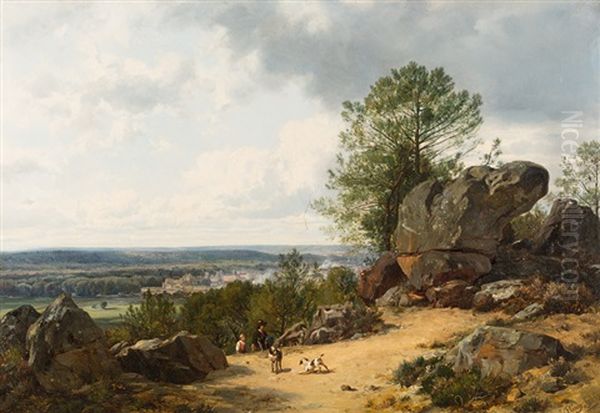 Weite Felslandschaft Mit Jagern Und Hunden Oil Painting by Francois-Antoine-Leon Fleury
