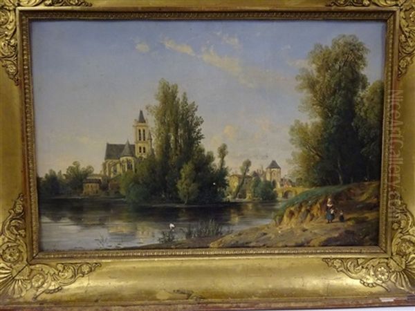 Paysage De Bords De Riviere A L'eglise Et Au Pont Oil Painting by Francois-Antoine-Leon Fleury