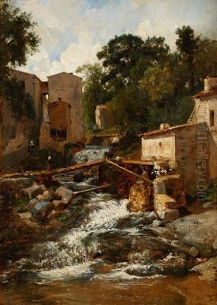 Village De Montagne Oil Painting by Francois-Antoine-Leon Fleury