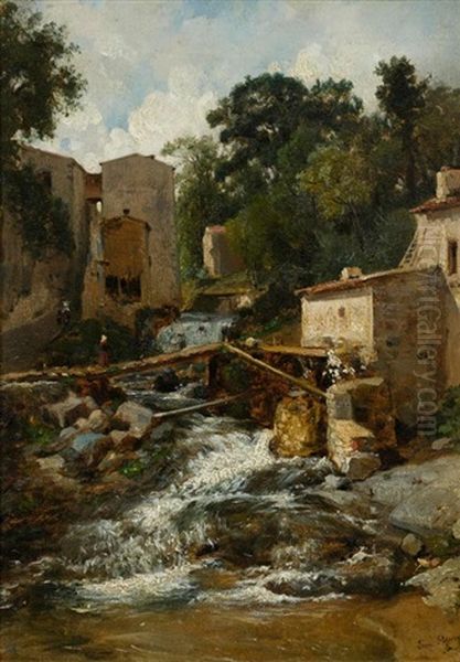 Der Steg Uber Den Wildbach Im Dorf. Normandie Oil Painting by Francois-Antoine-Leon Fleury