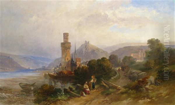 Figures Near A Town On The Rhine Oil Painting by Francois-Antoine-Leon Fleury