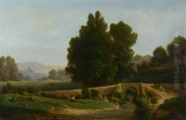 Man Resting By Brook Near A Bridge Oil Painting by Francois-Antoine-Leon Fleury