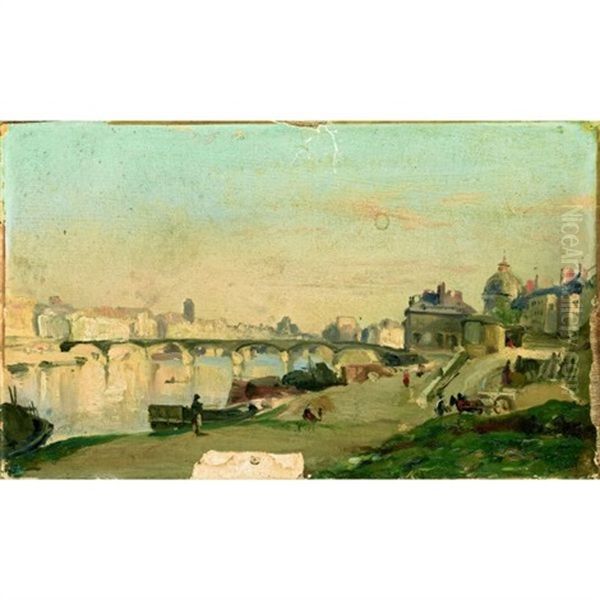 Vue Du Pont Neuf A Paris Oil Painting by Francois-Antoine-Leon Fleury