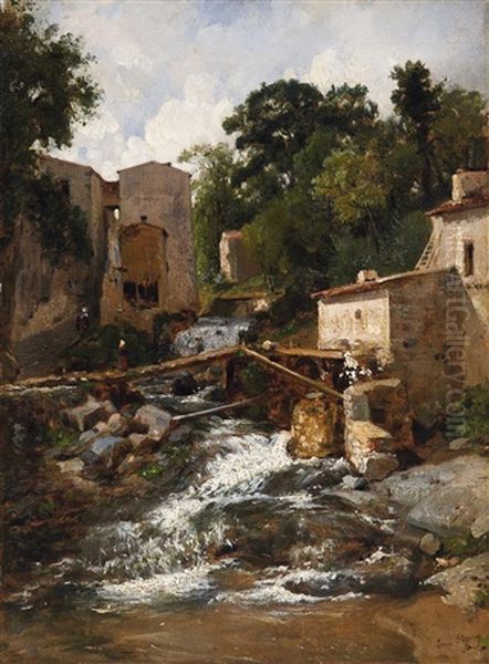 Der Steg Uber Dem Wildbach Im Dorf (normandie) Oil Painting by Francois-Antoine-Leon Fleury