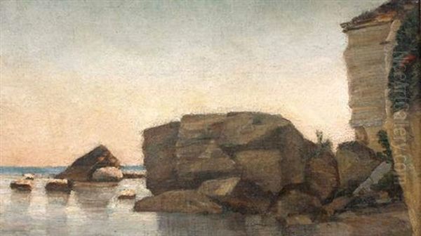 Etude De Rochers Au Bord De L'eau Oil Painting by Francois-Antoine-Leon Fleury