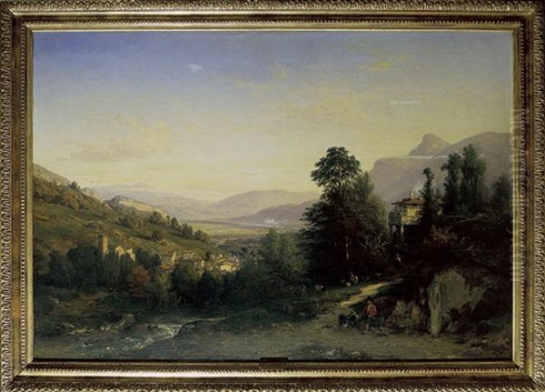 Paysage Et Village Dans La Vallee Oil Painting by Francois-Antoine-Leon Fleury