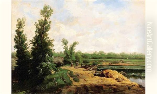 Route Au Bord D'un Cours D'eau, Pres De Fontainebleau Oil Painting by Francois-Antoine-Leon Fleury