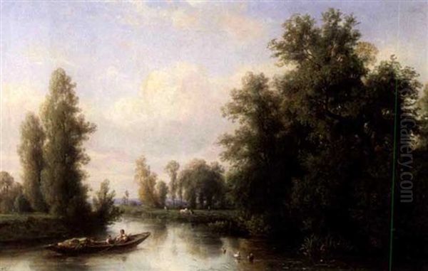 Flusslandschaft Mit Ruderboot Oil Painting by Francois-Antoine-Leon Fleury
