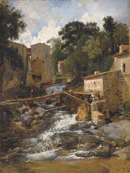 Village De Montagne Traverse Par Un Torrent (+ Study, Pencil And Chalk; 2 Works) Oil Painting by Francois-Antoine-Leon Fleury