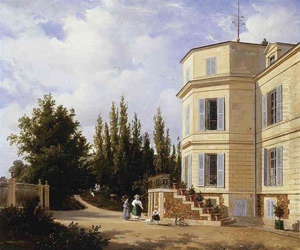 Young Women And A Girl In Front Of A House Oil Painting by Francois-Antoine-Leon Fleury