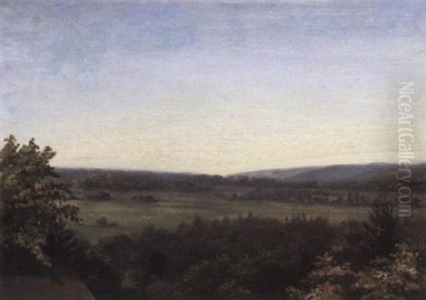 A View Over Rooftops To An Open Landscape Oil Painting by Francois-Antoine-Leon Fleury