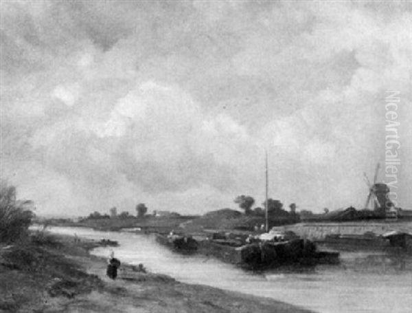 Hollandischer Kanal Mit Lastkahnen Und Schleppern Oil Painting by Francois-Antoine-Leon Fleury