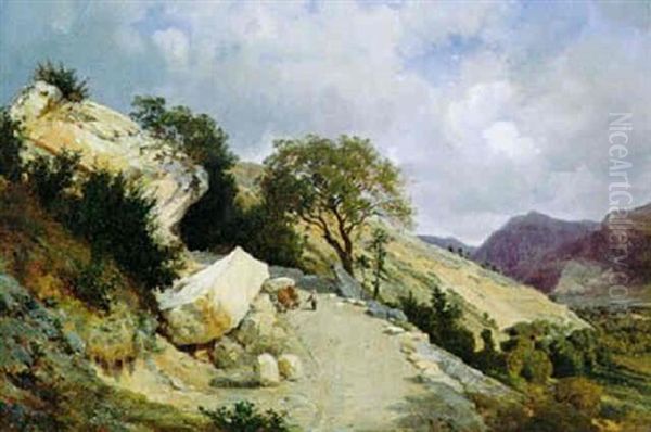 Bauer Mit Einen Steinblock Schleppenden Kuhen Auf Einem Gebirgsweg Oil Painting by Francois-Antoine-Leon Fleury