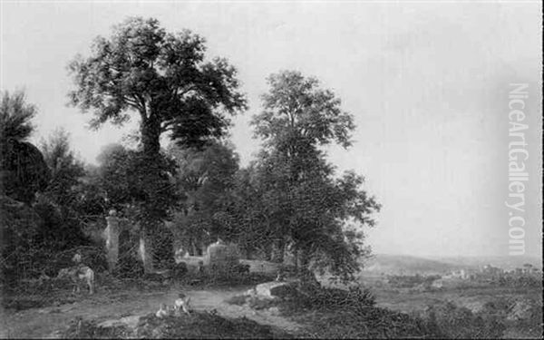 Figures With A Haycart In An Extensive Italianate Landscape Oil Painting by Francois-Antoine-Leon Fleury