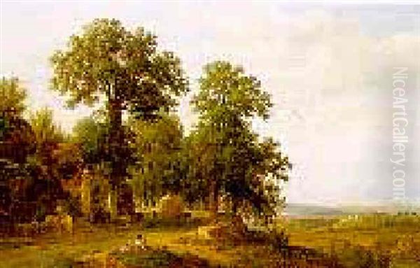 Figures With A Haycart In An Extensive Italianate Landscape Oil Painting by Francois-Antoine-Leon Fleury