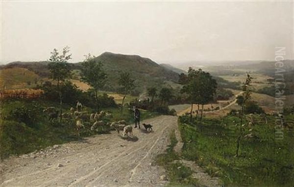 Shepherd And Sheep On A Country Lane Oil Painting by Paul Franz Flickel