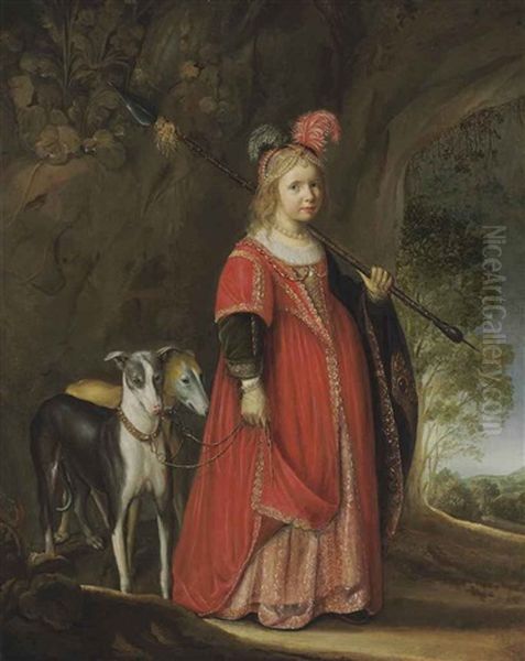 Portrait Of A Young Girl As Diana, In A Glade With Two Greyhounds Oil Painting by Govaert Flinck Cleve