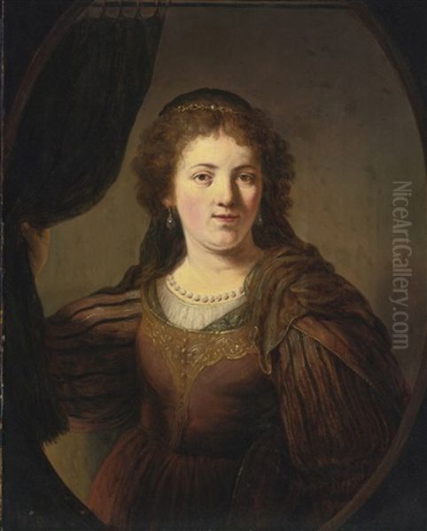 A 'tronie' Of A Young Woman In An Eastern Costume Drawing A Curtain To One Side, In A Painted Oval Oil Painting by Govaert Flinck Cleve