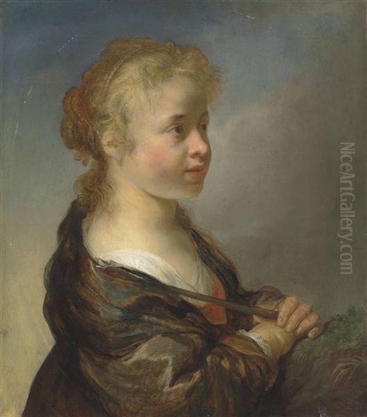 Portrait Of A Girl As A Shepherdess, Half-length, In A Red Dress And Blue Wrap, With A Pearl Headdress Oil Painting by Govaert Flinck Cleve