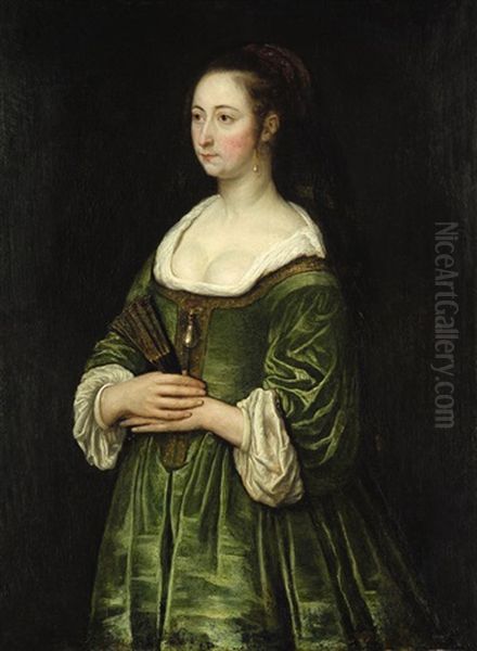 Bildnis Einer Jungen Frau Im Grunen Kleid, Im Haar Ein Schwarzer Schleier Oil Painting by Govaert Flinck Cleve