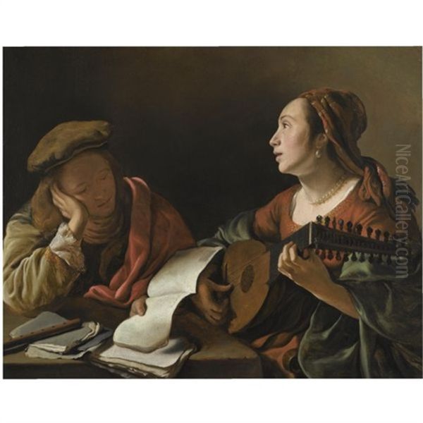 A Young Lady Playing The Lute To A Young Man Reading, Or An Allegory Of Sight And Hearing Oil Painting by Govaert Flinck Cleve