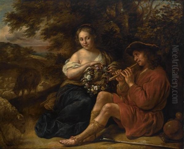 An Elegant Shepherdess Listening To A Shepherd Playing The Recorder In An Arcadian Landschape Oil Painting by Govaert Flinck Cleve