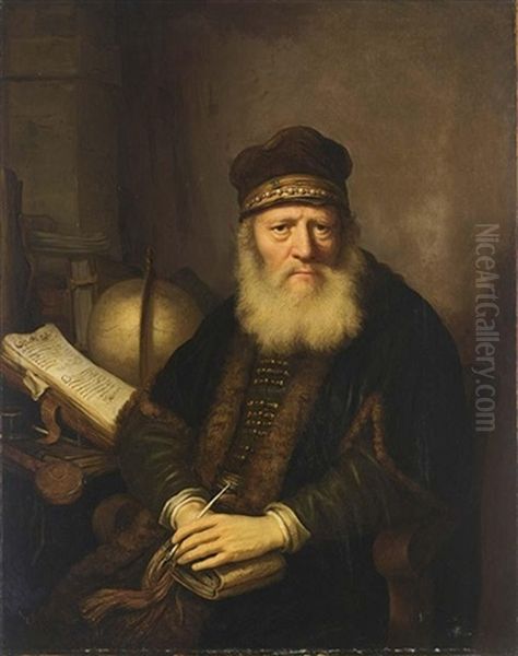 A Portrait Of A Philosopher Holding A Pen And A Book In His Hands Oil Painting by Govaert Flinck Cleve