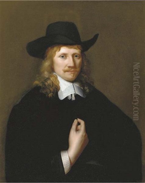 Portrait Of A Man, Half-length, In A Black Costume With White Collar, Cuffs And Black Hat Oil Painting by Govaert Flinck Cleve