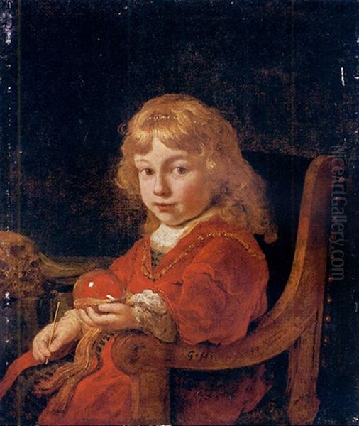 A Vanitas Portrait Of A Young Boy In A Gold-embroidered Red Velvet Gown Oil Painting by Govaert Flinck Cleve