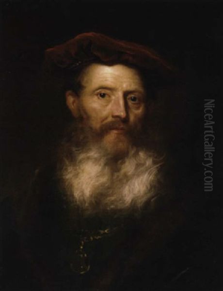 Portrait Of A Bearded Man In A Fur-trimmed Black Coat And A Velvet Cap Oil Painting by Govaert Flinck Cleve