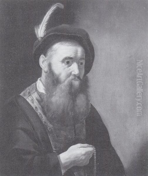 Man With Plumed Hat Holding Beads Oil Painting by Govaert Flinck Cleve