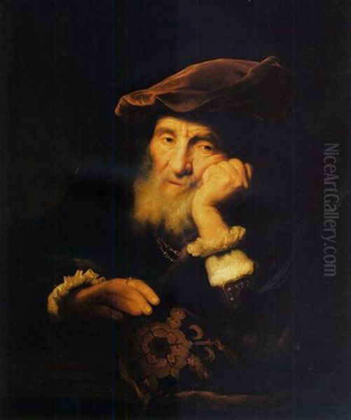A Bearded Old Man, Seated At A Ledge, In A Fur- And Brocade-lined Cloak And A Velvet Cap Oil Painting by Govaert Flinck Cleve