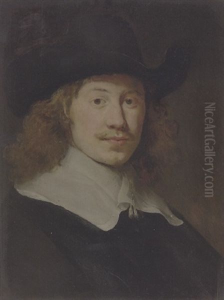 Portrait Of A Gentleman In Black Costume With A Lace Collar Oil Painting by Govaert Flinck Cleve