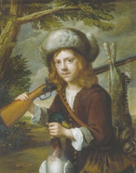 A Portrait Of A Youth, In A Landscape, Holding A Dead Duck And A Rifle Oil Painting by Govaert Flinck Cleve