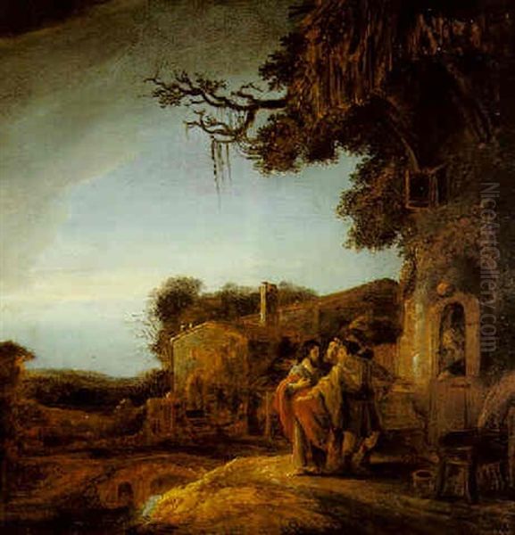 Christ And The Pilgrims Arriving At The House At Emmaus Oil Painting by Govaert Flinck Cleve