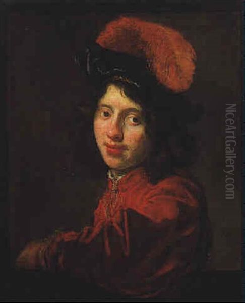 Bildnis Eines Jungen Mannes Mit Federbarett Oil Painting by Govaert Flinck Cleve