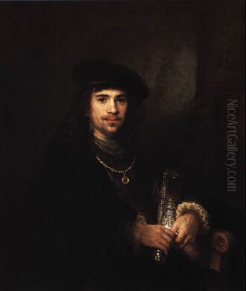 Portrait Of A Young Man Holding An Ottoman Short Sword In Scabbard Oil Painting by Govaert Flinck Cleve