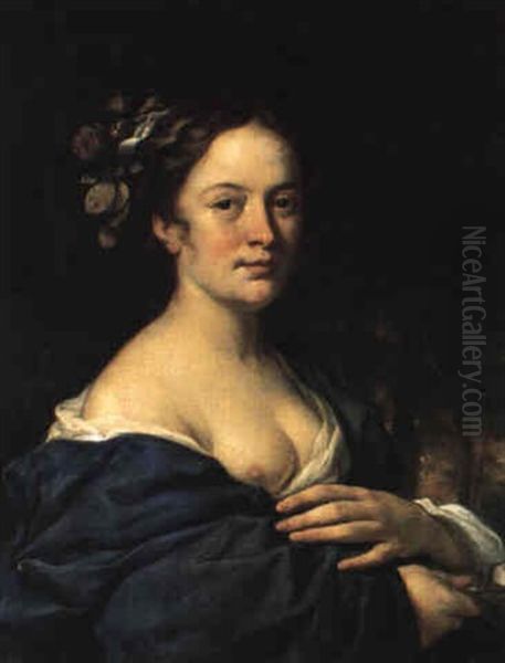 Portrait Of A Lady Holding A Rose (the Goddess Flora?) Oil Painting by Govaert Flinck Cleve