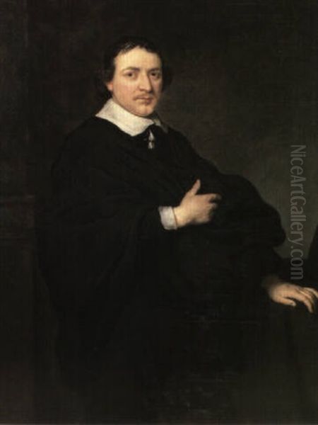 A Portrait Of A Gentleman, Three Quarter Length, His Left   Hand Leaning On A Table Oil Painting by Govaert Flinck Cleve
