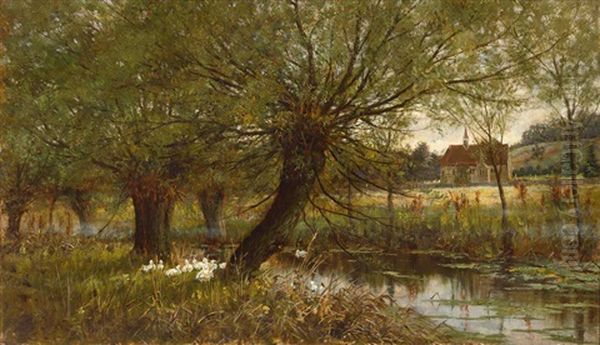Flusslandschaft Mit Entengruppe Unter Weiden Oil Painting by Saville Lumbley Flint